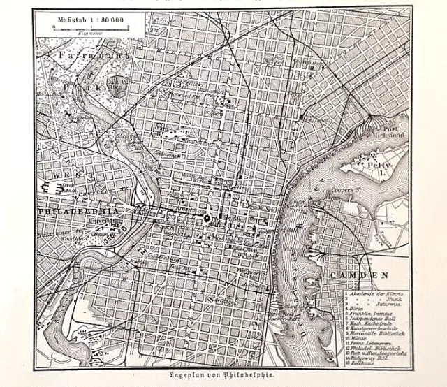Alte Lithographie, Lageplan von Philadelphia, ca. 1920, USA, Pennsylvania,selten