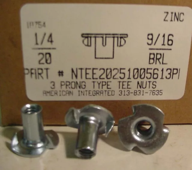 1/4-20 Tee Nuts 9/16" Barrel 3 Prong Steel Zinc Plated (20)