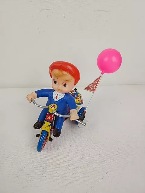 Vtg MTU wind-up tin toy Little boy on tricycle Lithograph Happy Days Bell Works