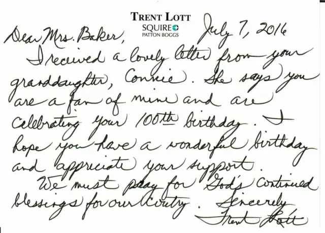 "Mississippi Senator" Trent Lott Hand Written Note on 5X7 Card