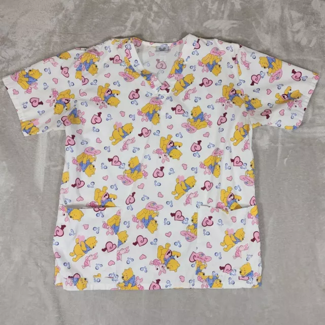 Disney Winnie the Pooh Scrub Top Womens Medium White Medical Nurse Doctor Tech