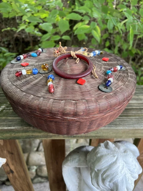 Antique 1920s Chinese Coin Beads Peking Glass Ring Large Sewing Basket