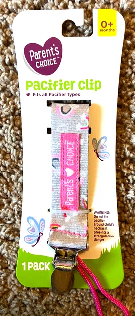 Parents Choice Pacifier Clip Gray with Pink Rainbows & Clouds NEW