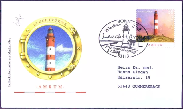 BRD 2008: Leuchtturm Amrum! FDC der selbstklebenden Nr. 2683! Gelaufen! 24-04