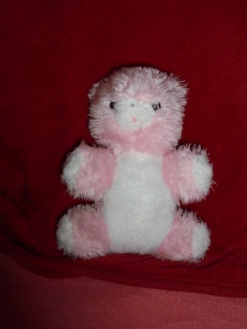 Ancien Doudou Nounours Peluche Grelot Ours Assis Rose et Blanc  20 cm