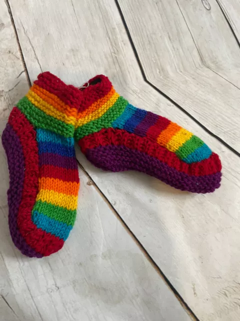 Nepal Hand-Knitted Rainbow Chunky Wool Fleece Lined Slipper Socks Hippie