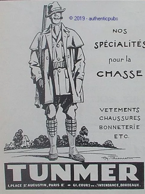 Publicite Tunmer Vetements Pour La Chasse Fusil Chaussure De 1927 French Ad Pub