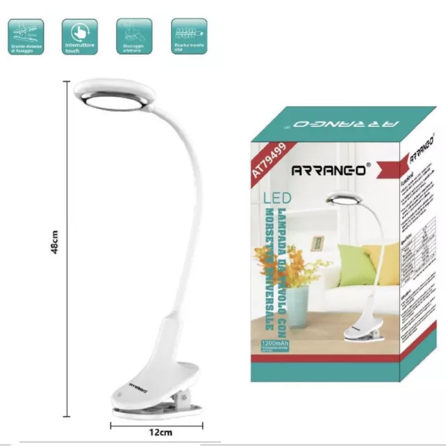 Lampada Luce Led da Tavolo Scrivania Ricaricabile Touch Senza Fili Con Morsetto