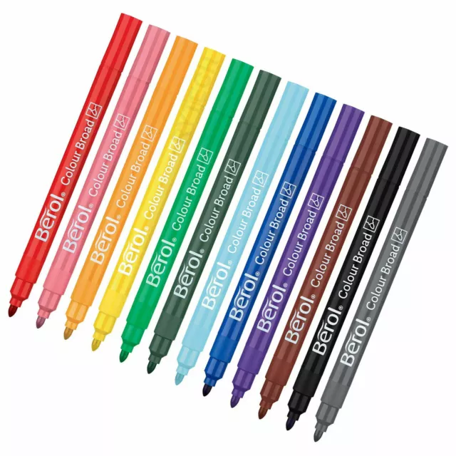 12 x Assorted Berol Colour Broad Colouring Pens Writing Art Kids Drawing Craft