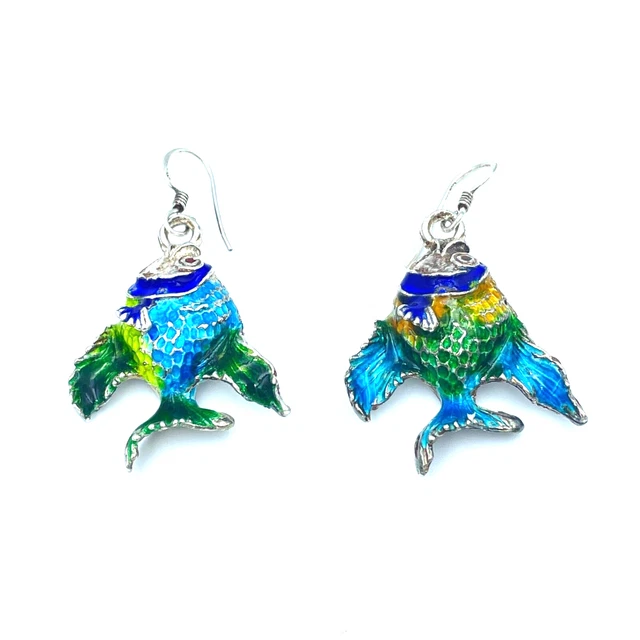 Boucles D'Oreilles Vintage Ans '70 Poisson en Argent 925 Et Émail Made in Italy