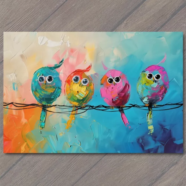 POSTCARD BIRDS ON A Wire Cute Big Eyes Acrylic Painting Cartoon Style ...