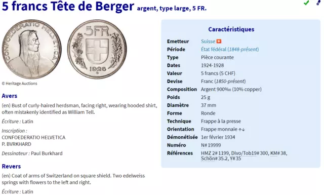 5 francs Suisse 1922 Tête de Berger argent, type large, Argent 900% 3