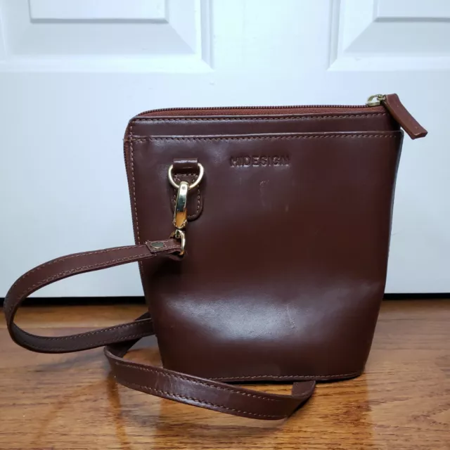 Vintage HIDESIGN Genuine Leather Bag Purse Crossbody Brown Zip Strap