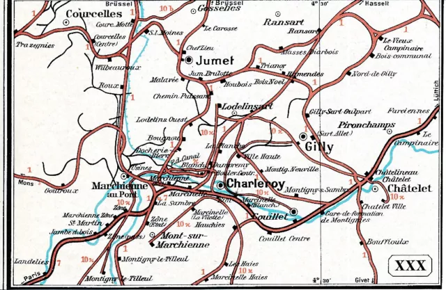 BE Charleroi Jumet Châtelet 1909 orig. pt. carte atlas chemin de fer Lodelinsart