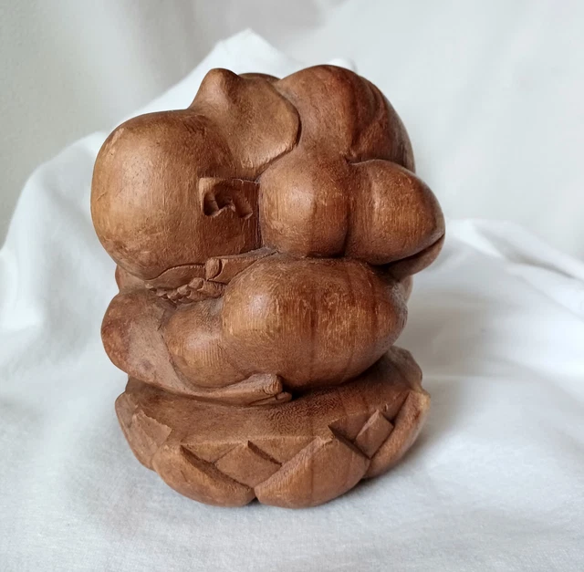Hand-Carved 6.5" Wood WEEPING BUDDHA-Monk Man Figure on LOTUS Indonesia