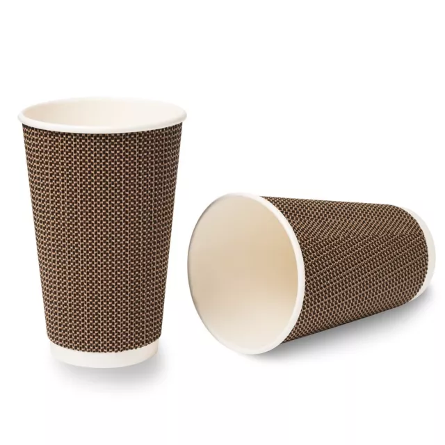 100 16oz VIP Brown Paper Cup Ripple 3Ply Insulated Coffee Tea + Black Lids