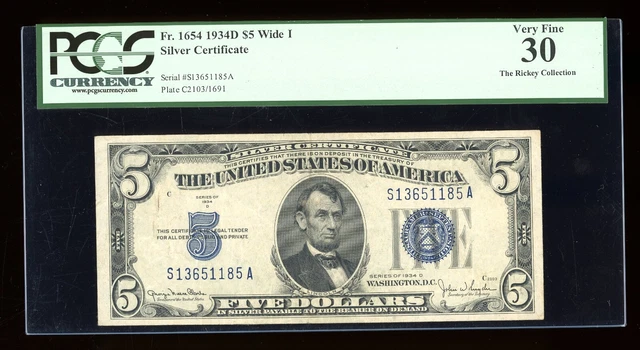 DBR 1934-D $5 Silver Fr. 1654Wi Wide I SA Block PCGS 30 Serial S13651185A
