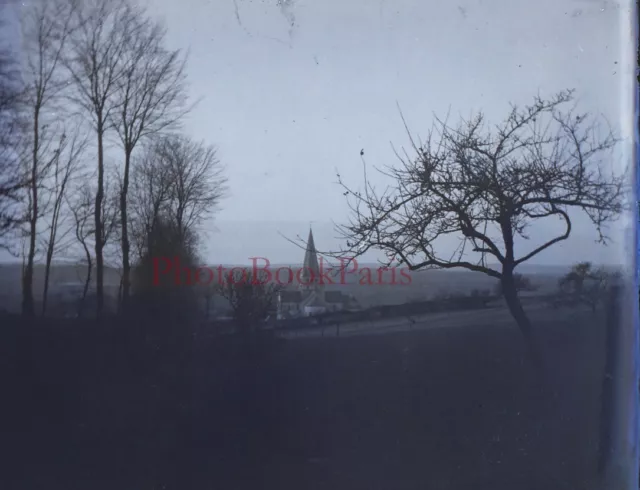 Eglise Arbre c1930 Photo NEGATIVE Plaque de verre Stereo Vintage V33L24n