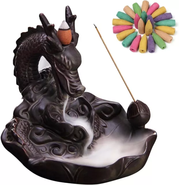 Ceramic Dragon Backflow Incense Burner, Black Incense Holder - 20x Incense Cones