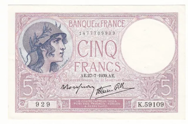 5 FRANCS VIOLET 27-07-1939 P/NEUF Fayette 4.3 (FR1) 5F128