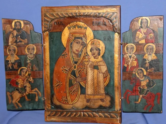 De Colección Icono Ortodoxo Pintado A Mano Tríptico Cristo Niño Virgen María