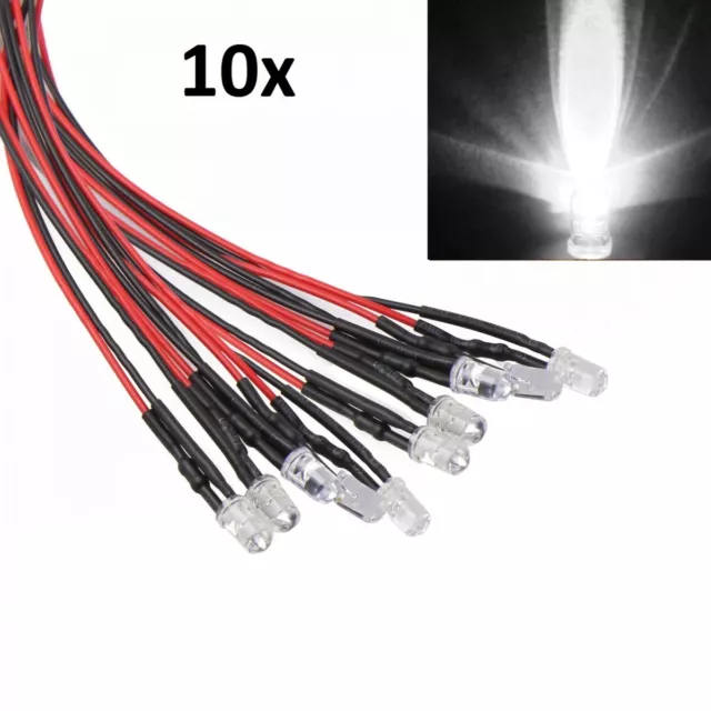 10x White LED Light Single Bulb Pre-Wired Light Emitting Diode 12V DC 5mm Bright