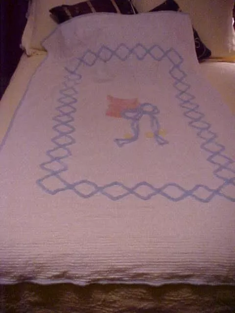 Baby Chenille Bedspread, Scotty Dog, Blue Trim