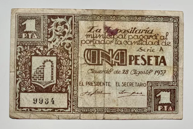 Billete Local / Municipal GRAUS 1 peseta 1937. Guerra Civil