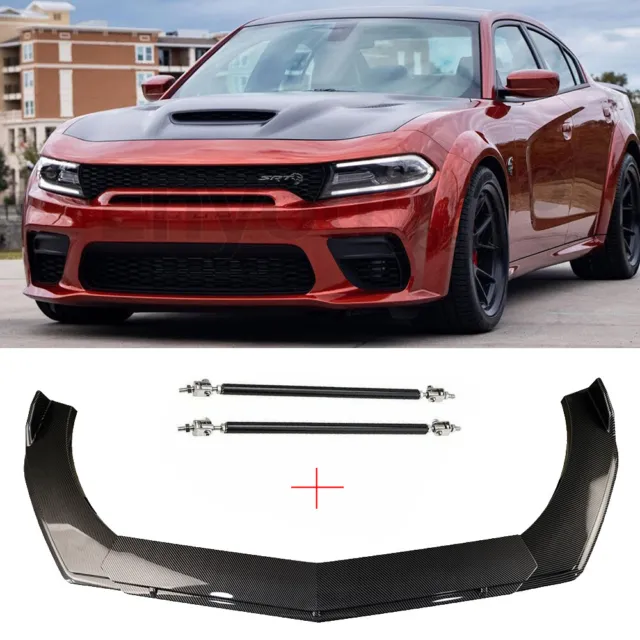 Front Bumper Lip + Strut Rods carbon fiber For Dodge Challenger Charger