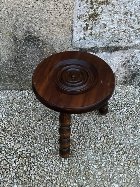 Vintage French wooden Polished Oak Button  3-leg milking stool with turned legs 3