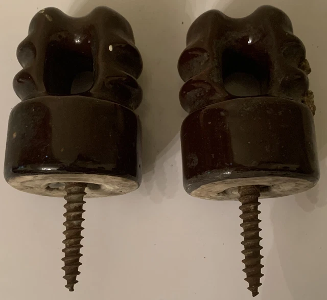 Vintage Glazed Brown Ceramic Porcelain Power Line Insulator Screw In Lot Of 2