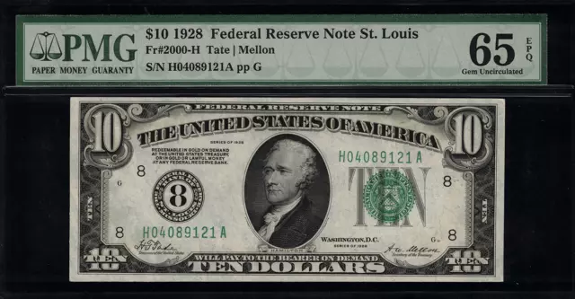 1928 $10 Federal Reserve Note St. Louis FR.2000-H - PMG 65 EPQ - Numeric #8