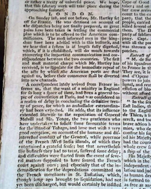 Revolutionary War CLOSING EVENTS in America w/ Gen. Guy Carleton 1783 Newspaper