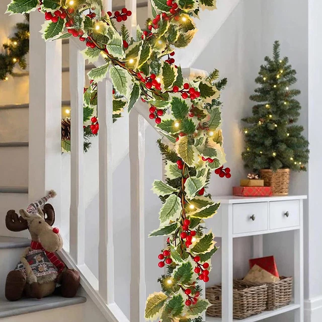 PRE LIT ARTIFICIAL Christmas Garland with Lights Red Berries Holly
