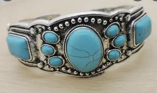 Vintage style open cuff Mosaic turquoise bracelet Boho Style Hand Bangle