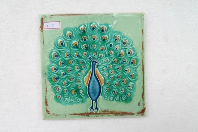 Tile Majolica Peacock Dancing Vintage Made In Japan Art Nouveau Porcelain Nh4231 5