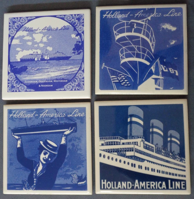 4 Pc Set Vintage Delft Blue Coaster Tiles Holland America Lines Passenger Ships