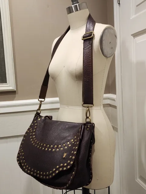 Frye Large Saddle Bag Crossbody Shoulder Bag Brown Studded Leather EUC