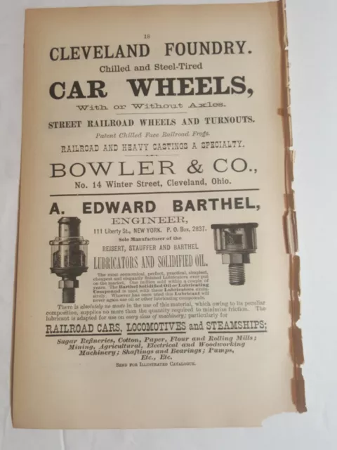 ☆ 1884 print ad CLEVELAND FOUNDRY Bowler & Company Railroad wheels and Turnouts