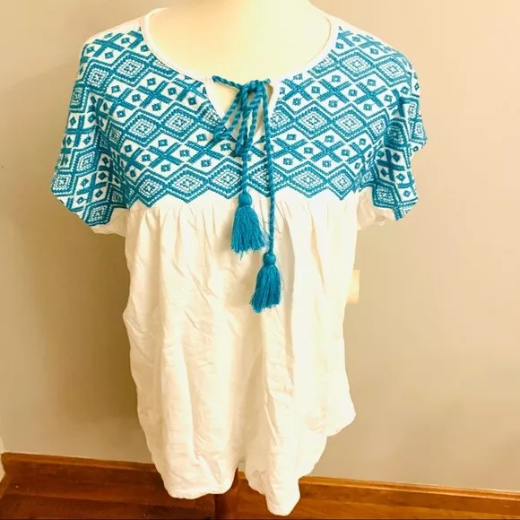 WHITE COTTON SHIRT Womens Top/tunic w teal embroidery L W Tassels Top ...