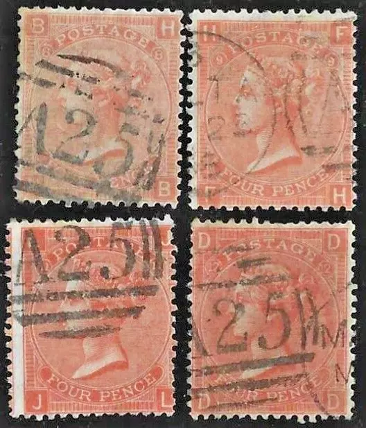 GB Used Abroad in MALTA  A25 4d. x 4  plates 8,9 11 and 12.