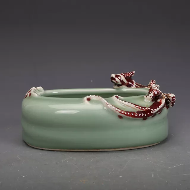 Chinese Porcelain Qing Qianlong Bean Green Glaze Dragon Brush Washers 6.69 Inch