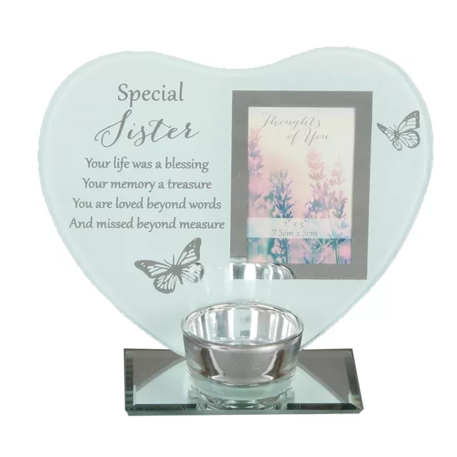 "Thoughts of You" Glass Photo Frame Memorial Tea Light Candle Holder - Sister