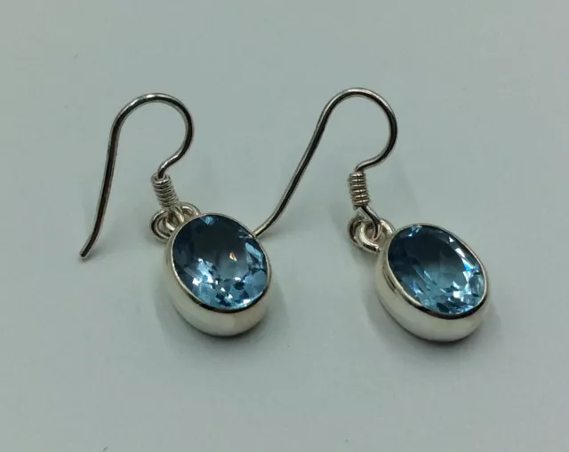 Stunning Pair Of Sterling Silver 925 Natural Oval Blue Topaz Drop Earrings 5.80G