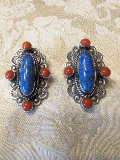 VTG Sterling Silver Native American NAVAJO Coral Lapis Earrings Signed J Linkin