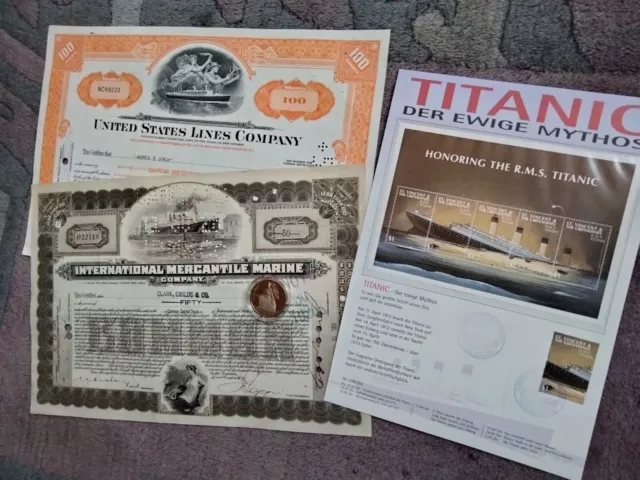 2 x orig. Titanic Aktien 1926/64 Abb. Schiff + Münze + Folder - echte TITANIC