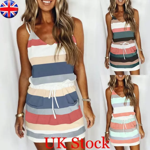 Womens Sleeveless Stripe Mini Dress Ladies V Neck Summer Cami Sundress Plus Size