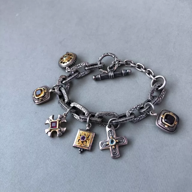 Gerochristo Sterling  Byzantine Charm Bracelet Crosses Multistone 7.5" gold tone