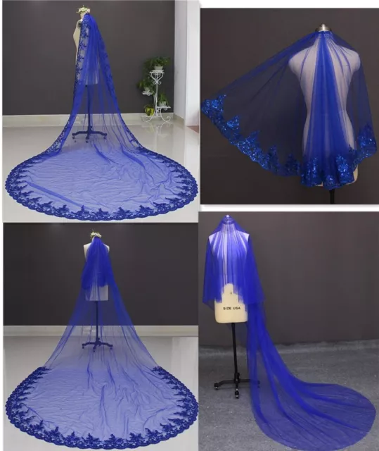 Royal Blue Wedding Bridal Veils with Comb 1 T Long Lace Edge Tulle Cathedral 3 m