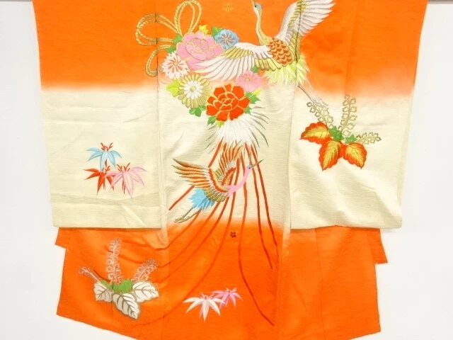41868# Japanese Kimono / Antique Kimono For Girls / Embroidery / Peony & Kik